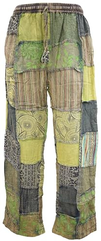 Gheri Pantalon d'hiver en coton imprimé patchwork doublé polaire pour homme, Ton vert, XL