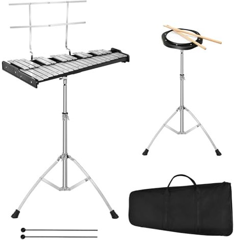 KOMFOTTEU Glockenspiel Set mit höhenverstellbarem Ständer, 32 Noten Xylophon mit 1 Paar Schlägeln & Drumsticks & 1 8-Winkel-Übungstrommel, Handpercussion tragbar für Kinder, Erwachsene