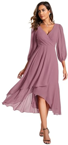 Ever-Pretty Women's Chiffon V Neck 3/4 Sleeves Pleated A-Line Midi Length Wedding Guest Dress 01926