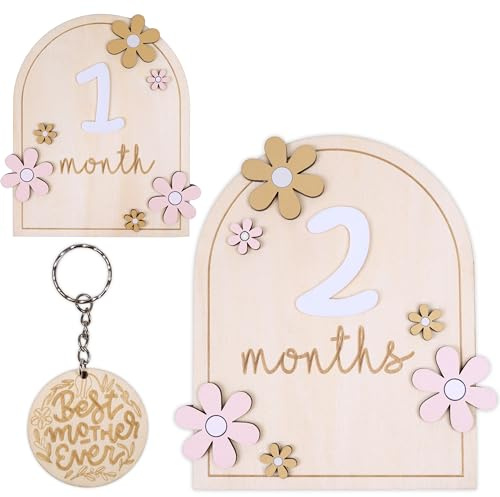 Baby Monthly Milestone Signs - Monthly Baby Milestone Signs for 1-12 Photos, Wooden Number Circles, Picture Props for Babies, Gender Neutral Newborn Announcement Cards (Flower)