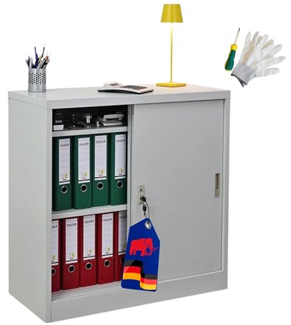 PROREGAL Aktenschrank Elephant mit abschließbaren Schiebetüren | HxBxT 90x90x40cm | 2 Fachböden | Lichtgrau | Metallschrank abschließbar Lagerschrank Ordnerschrank Büroschrank