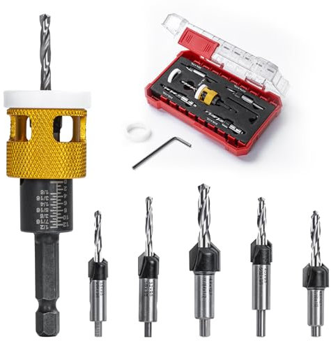 Juego de 5 Brocas Avellanadoras, Avellanador con Tope de Profundidad Ajustable, Brocas para Madera con Vástago Hexagonal de 1/4 Pulgadas, de HSS-M2, Agujeros Precisos para Carpintería (Amarillo)