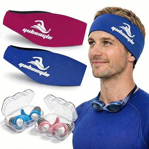 2 Pairs Swimming Headband with Earplugs - Adjustable Water Headband & Silicone for Adults,Keep Water Out and Hold Earplugs in - Swim Ear Band for Surfing, Diving, Pool, and Sports