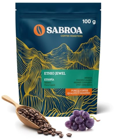 SABROA Café En Grano Especialidad Tueste Natural Origen 100% Arábica Sabor Aromático Intenso Alta Altitud Notas Acidez Equilibrada Ethio Jewel (100Gr, Etiopia Lavado)