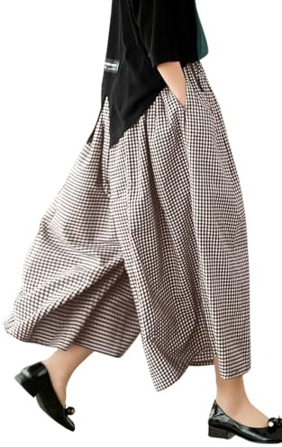 Chouyatou Pantalon en coton et lin pour femme avec taille élastique à carreaux Gingham, jambes larges, Capri Palazzo, Taille L