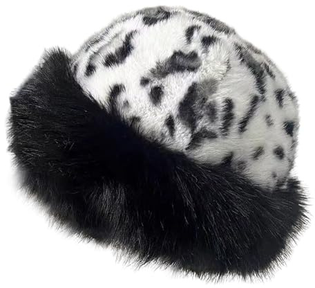 CutitiUU Chapeau en peluche mongol, imprimé léopard, imitation fourrure de vison, chapeau cloche d'hiver en fausse fourrure pour femme, chapeaux chauds en fourrure de vison, Noir , L