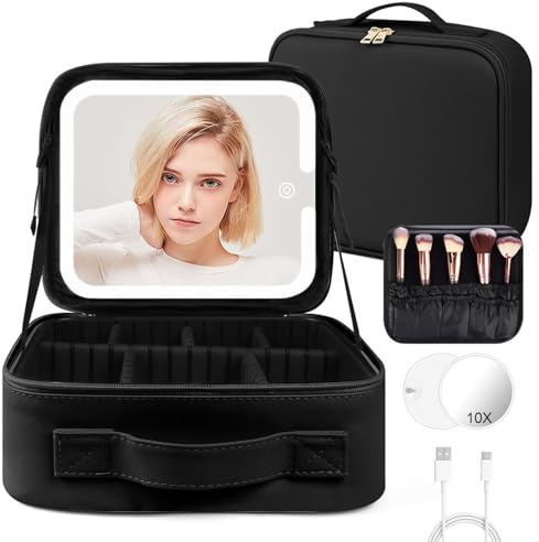 OSDUE Makeup Bag with LED Mirror, Cosmetic Organizer Case with Adjustable Compartments, Waterproof Travel Makeup Bag, Oxford Fabric,Gift for Women
