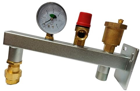 Console murale pour vase d’expansion de chaudière avec soupape de sécurité à membrane, manomètre et purgeur d’air automatique intégrés, valve d'isolement