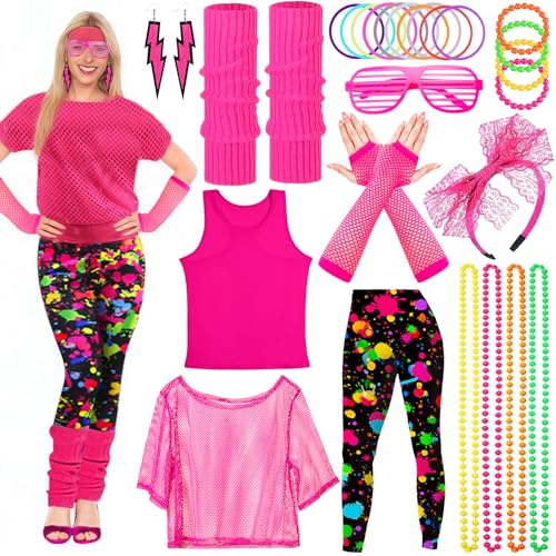 Vautvis 80-tals outfit dam, 80-tals retro festoutfit, kostym dam 80-talet, disco festival outfits, 90-tals kläder med nättröja, leggings, pannband, örhängen