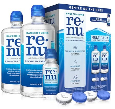 Renu Contact Lens Solution, Advanced Formula, Multi-Purpose Solution with Lens Case, Gently Cleans, Disinfects, Moisturizes & Hydrates Soft Lenses, 16 Fl Oz (Pack of 2) + Travel Size 2 Fl Oz