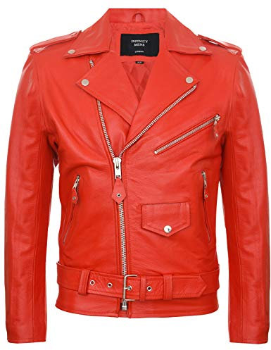 Infinity Leather Chaqueta de Cuero Rojo para Hombre Rock Motocicleta de Piel 2XL