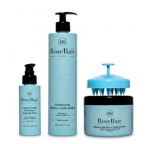 ROSEBAIE | Routine Trio Huile de Ricin et Kératine | Pousse et Hydratation | Shampoing 500ml | Masque 500ml | Sérum 100ml | Brosse massante offerte