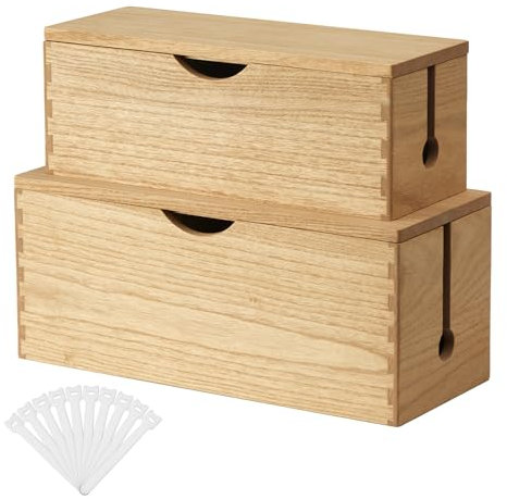 KIRIGEN Caja de Cables de Madera Maciza, Juego de 2 Caja de Cables Grande para enchufes, Cargadores y Almacenamiento de Cables, organización de routers Color Natural