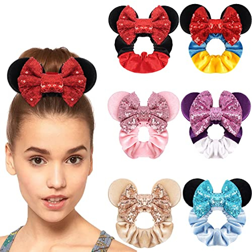 MiDoDo 6 Pack Mouse Ears Bows Hair Scrunchies Hair Ties Elastic Rubber Bands Ponytail Holders Hair Bobbles for Women Girls Hair Accessories