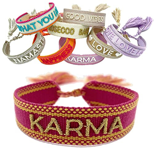 LS-LebenStil Exklusives Statement Armband - das Original - Karma Magenta Gold 16-20cm Quasten besticktes Boho Canvas Webarmband Damen Freundschaftsarmband Geschenk gewebt textil Stoffarmband