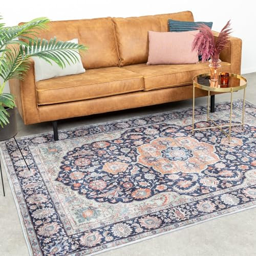FRAAI | Home & Living Teppich Vintage - Imagine Medaillon Blau - Baumwolle, Polyester - Flachgewebe - Vintage, Orientalisch - Wohnzimmer, Esszimmer, Schlafzimmer - Carpet