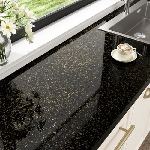 HotDecor Papel Tapiz Autoadhesivo Negro y Dorado Vinilo Marmol Para Encimera De Cocina Lavable Papel Pintado Marmol Papel Adhesivo Para Muebles Vinilo Papel Vinilo Adhesivo Cocina Mesa 60cm x 300cm