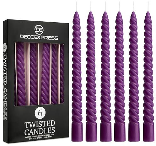 DECO EXPRESS Stabkerzen Set 3er oder 6er Tropffreie Stabkerzen Gedrehte Spiralkerzen Bunte Kerzen Brenndauer 6 Stunden Unparfümiert (Lila, 6er-Pack)