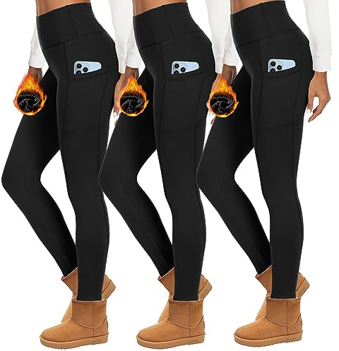 HIPOWER Lot de 3 leggings thermiques pour femme avec poches, leggings doublés, taille haute, en polaire, opaques, noirs, sous-vêtements thermiques, pantalon de course, pantalon de yoga