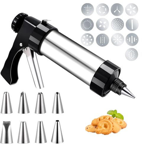 Gebäckpresse für Spritzgebäck, Edelstahl Gebäckspritze mit 13 Schablonen und 8 Tüclen, Teigspritze Kekspresse, für variantenreiches Spritz Gebäck Kuchen, Großes Füllvolumen