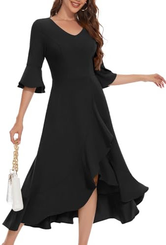 HomRain Women's Fall Dress Plus Size 3/4 Bell Sleeve Split Maxi Dress Black, 2XL