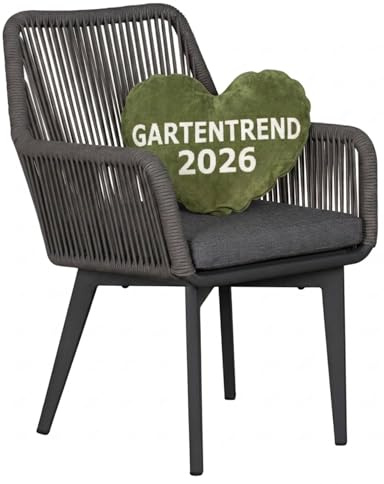 Mr. DEKO Diningfåtölj Marbella aluminium rep | Trädgårdsstol med armstöd 64 x 62 x 88 cm (B x D x H) | aluminiumram mörkgrå och rep fläta grå | stol med sitt- och ryggkudde grå | Utomhusmöbler