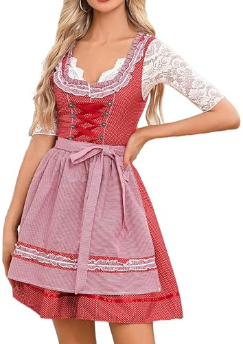 Zeagoo Dirndl - Robe midi élégante pour femme - 2 pièces - Costume traditionnel allemand - Fête de la bière - Avec tablier, Motif à pois rouge, XS