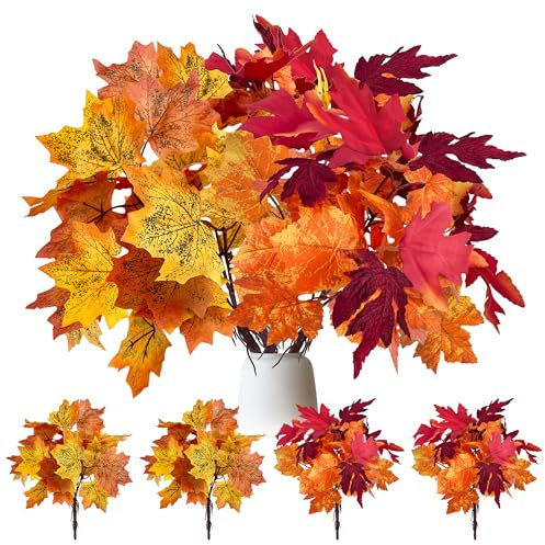 YMIFEEY 4 Bündel Künstliche Herbststrauß Ahorn Blätter Zweige Herbstzweige Herbstblätter Pflanzen Künstlich Kunstblumen Kunstpflanzen Herbst für Erntedankfest Halloween Deko Herbstdeko (Orange)