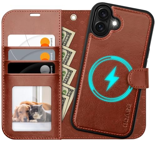 OCASE for iPhone 16 Case, Detachable 2 in 1 PU Leather Wallet Case with RFID Blocking, Wireless Charging, Card Holders, Kickstand, Shockproof Removable Phone Cover, Dark Brown