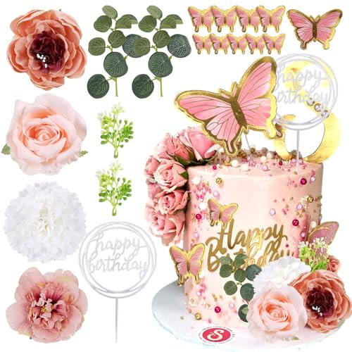 Lot de 19 décorations de gâteau roses avec papillons et fleurs d'eucalyptus artificielles pour fête d'anniversaire, mariage, Saint-Valentin