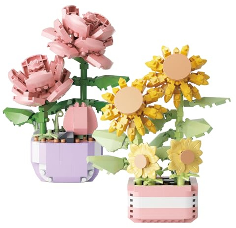 CYIOU 367 PCS+317 PCS Mini Bloques de Construcción de Macetas 2 Set Flores Artificiales Bloques de Construcción de Mini Flores Plantas para Hogar Oficina Decoración(Rosa + Girasol)