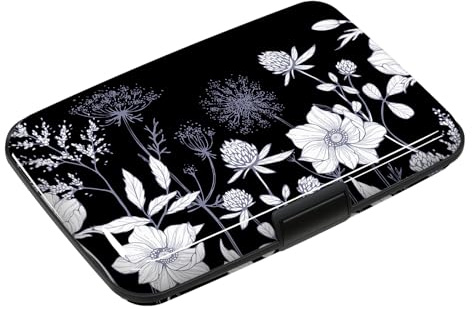 Credit Card Holder, Mini RFID Small Aluminum Card Wallet, Blocking Slim Metal Business Card Case, RFID Blocking Front Pocket Wallet Hard Case Durable CC Holder for Women Girls, Black White Floral