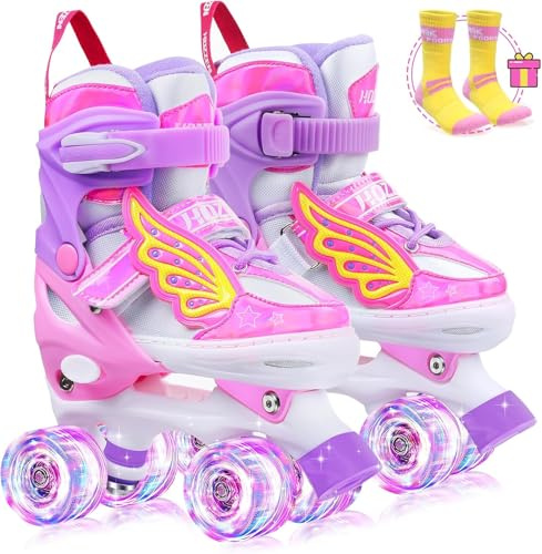 Hozzen Patins à roulettes réglables pour fille - 4 tailles - Pour débutants (taille 28-31) - Réglables pour l'intérieur et l'extérieur - Avec sac de rangement