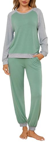Leversic Pijamas Mujer Conjunto de Pijamas Largo de Invierno con Mangas Raglán Pijama con Top y Pantalón de Bloques de Color y Bolsillos(Verde Hierba,S)