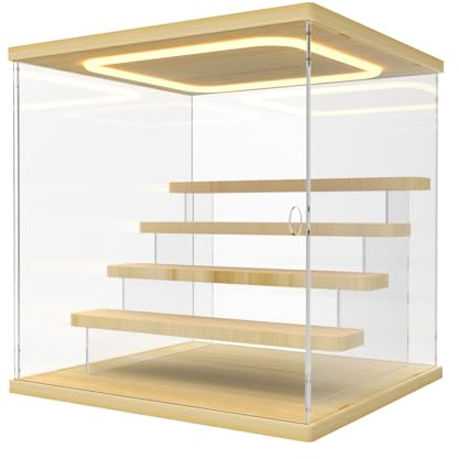 Nynelly Vitrina de Acrílico con Luz LED para Colecciones, 5 Niveles Caja Vitrina Expositoras, con Puerta y Escalones, Antipolvo Caja Organizadora para Funko Pop, Figuras, Modelos, Color Madera