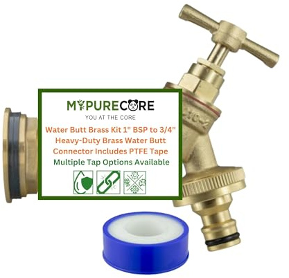MYPURECORE Water Butt Brass Kit 1 BSP to 3/4 – Heavy-Duty Brass Tank Connector with Tap Options for Rainwater Harvesting & IBC Containers ((Quick Connect Outlet))