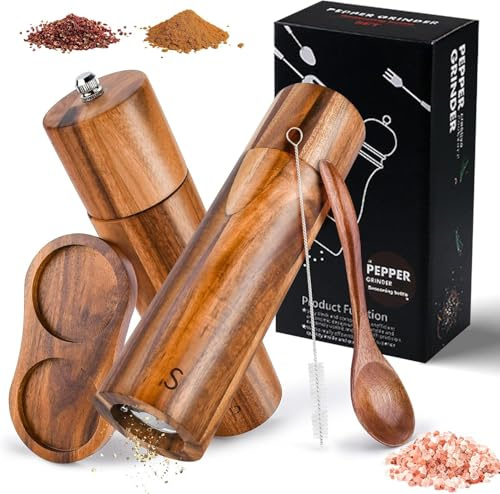 Juego de Molinillo de Sal y Pimienta,2 Piezas Molinillo de Pimienta Manual,Molinillo de Cerámica Ajustable,Molinillo Pimienta Madera con Bandeja para Lila,Pimiento, Comino, Paprika, Hinojo