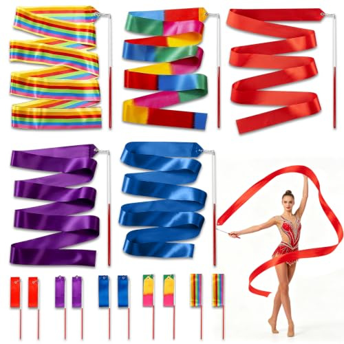 YinnFeen 10 Pièces Ruban de Gymnastique Rythmique, 2m Multicolores Bandes de Danse avec Bâton, Satin Ruban Danse pour Entraînement Artistique Spectacles et Activités en Plein Air