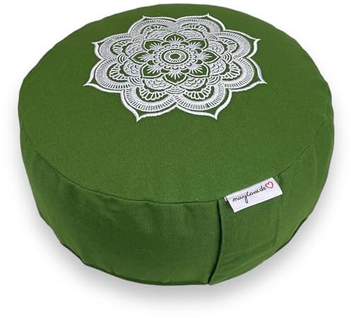 Meditationskissen Yogakissen Celine Madeleine Stickerei Bezug waschbar Bio-Dinkelspelzen 33 x 15 cm geeignet für Anfänger und Geübte (olive)