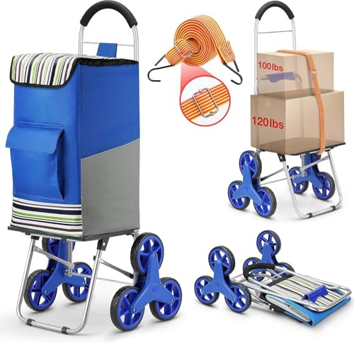 Shopping Cart, Super Loading Stair Climber 220 lbs Capacity, Grocery Foldable Trolley with Extra Large Shopping Bag Laundry Utility Cart with Adjustable Bungee Cord, blue