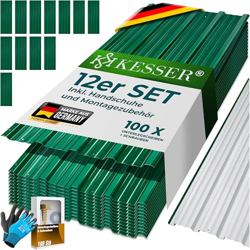 KESSER® 12x Profilblech Trapezblech 129cm x 45cm = 7 m² - Dachblech für Gerätehaus, Dachplatten Verzinkter Stahl 0,25mm, inkl. 100 Schrauben + Unterlegscheiben & Montagehandschuhe, Grün