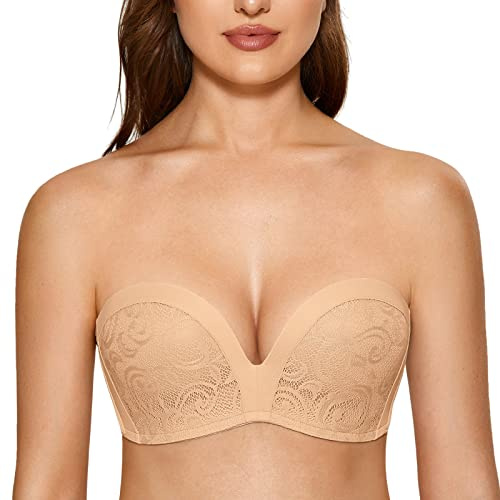 DELIMIRA Femme Soutien-Gorge sans Bretelles Anti-Glissant Bandeau Push Up Taupe 105E