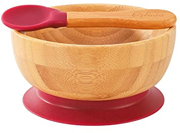 Vinsani Bamboo Bowl and Spoon Set for Baby/Toddler, Suction Plate, Stay-Put Design, Hypoallergenic and BPA-Free (Red)