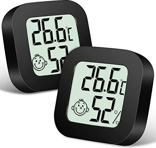 Flintronic Higrometro Digital Termometro, 2Pieza Mini Termómetro interior del higrómetro, Pantalla LED con Logo de Confort para Termometro Ambiental para Oficina Habitación de Bebé Jardín (Negro)