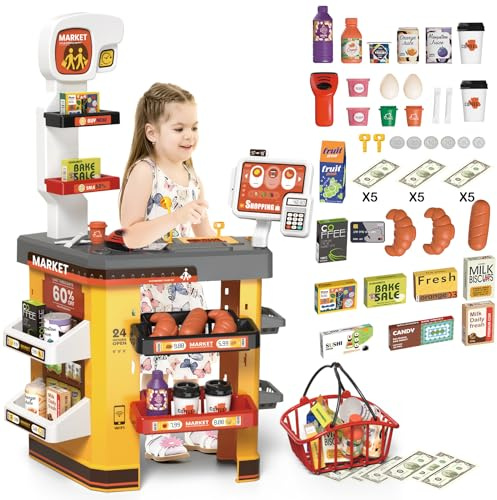 deAO Supermarket Playset for Kids with Working Scanner Register Toy Pretend Play,Kid Grocery Store Playset 54PCS Play Food Accessories,Christams Birthday Gift for 3 4 5 Kids Boys Girls