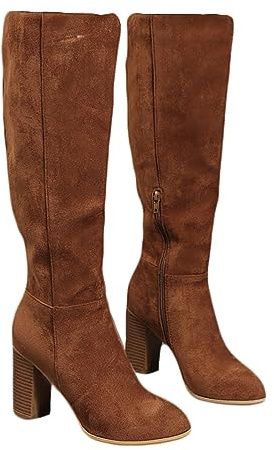 ticticlily Botte Hautes Femme Longue Hiver Daim avec Bloc Talon Chaudes B Marron 38