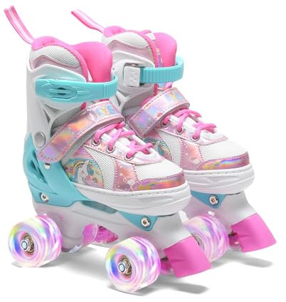 OLYSPM Rollschuhe Mädchen,Rollschuhe Kinder,4 Größen Einstellbare Rollschuh mit 8 Blinkenden Rädern für Jungen,Mädchen,Anfänger(Rosa)