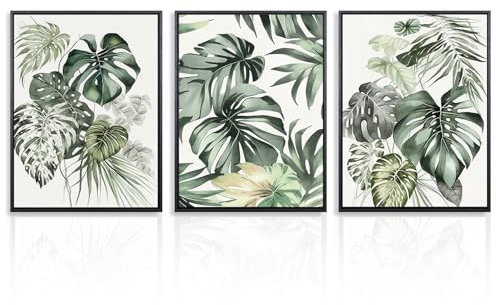 NymphFable Grüne Botanical Wall Decor Poster Boho Tropical Leaf Prints, Natural Plant Leaves Wall Poster for Bedroom Bathroom 12x16 in Set of 3 Unframed