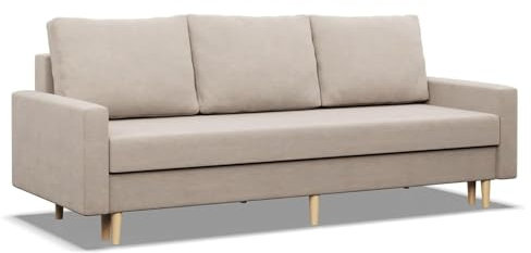 Mebligo - Sofa Mit Schlaffunktion Und Bettkasten Blank, 3 Sitzer 212 cm Breit, Schlafsofa Mit Bonellfederkern im Sitz, Ausziehbares Couch Auf Holzfüßen, Wohnzimmer - Beige