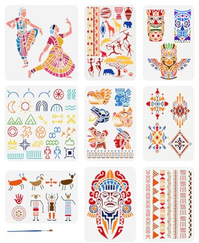 FINGERINSPIRE 9 Stück Zeichenschablone Mit Stammessymbolen Und Pinsel In 2 Größen Aztekenzeichen Maya Kultur Malvorlage Indische Tänzer Maya Totems Schablone Zum Malen Auf Wand Stoff Möbeln